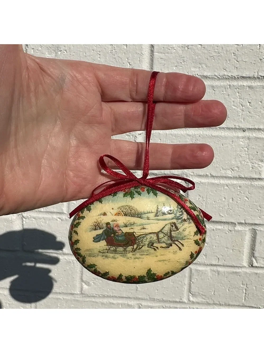 Vintage Christmas 1970’s Victorian Sleigh Ride Styrofoam Ornament W/Red Ribbon